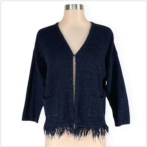 Weill Paris Cardigan Sweater Fringe Hem Mottled Navy Blue Black Knit Size T2 - Picture 1 of 3